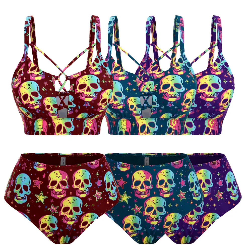 

ROSEGAL Plus Size Women's Swimsuit Bikinis Two Pieces Set Skulls Stars Printed Graphic Criss-Cross,Strappy Swimwears