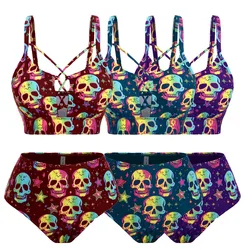 ROSEGAL Plus Size Women's Swimsuit Bikinis Two Pieces Set Skulls Stars Printed Graphic Criss-Cross,Strappy Swimwears