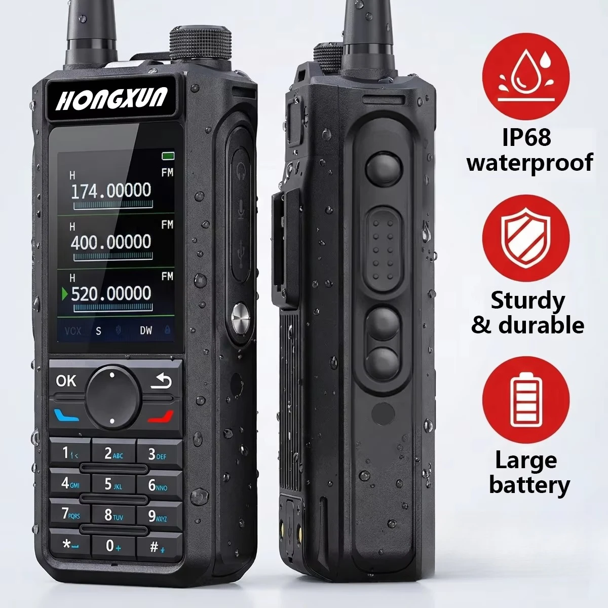 IP68 Handheld Walkie Talkie 10KM 136-174/400-520MHz Tri-watch 2.4