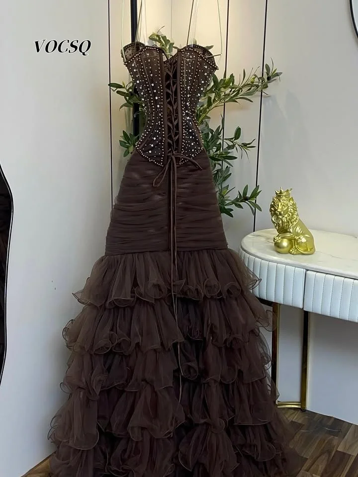 Prom Dress Women Brown Sweetheart Beaded Corset Lace Up Back Ruffle Tulle Formal Evening Party Dresses 2026 Customized