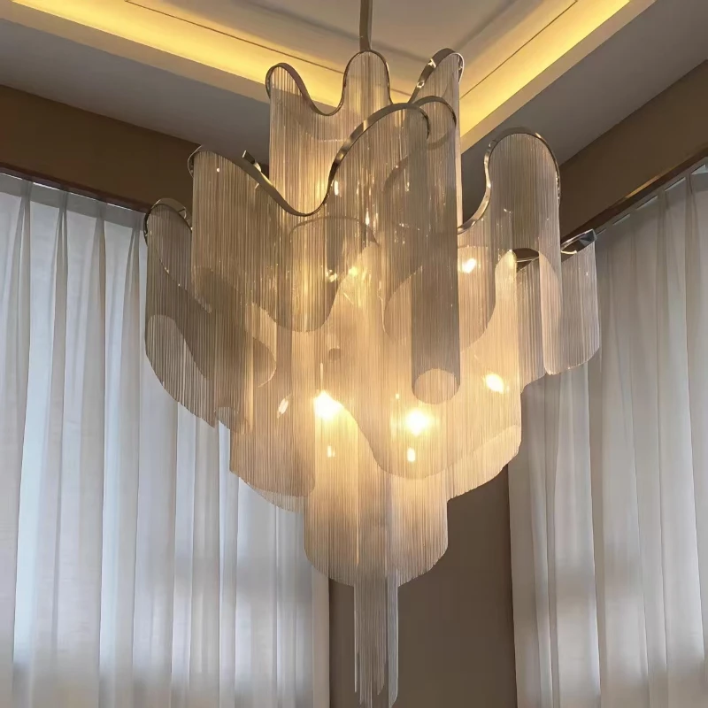Nordic Modern Light Luxury Staircase Living Room Chandelier Metallic Chain Design Creative and Personalized Pendant Lamp