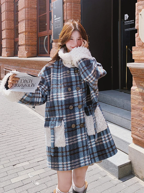 

Синее шерстяное пальто в клетку для женщин, средней длины, утепленное, осенне-зимнее, новое, с вставками из овечьей шерсти, теплое, в корейском стиле