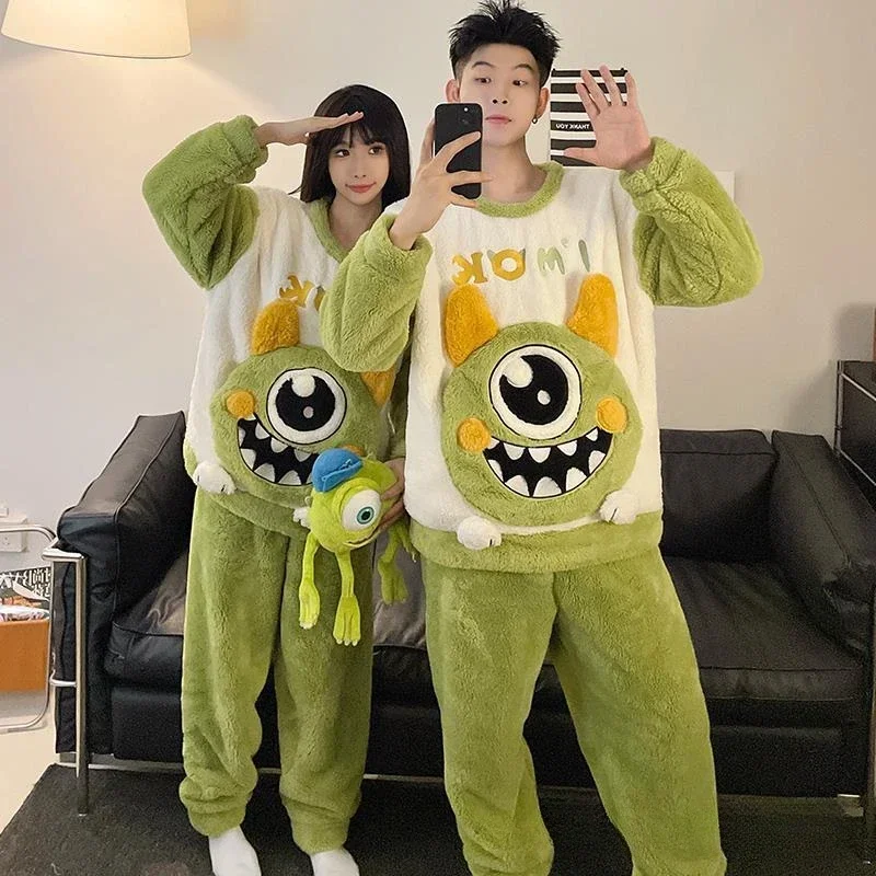 Disney Stitch winter new coral fleece pajamas couple cartoon animation three-eyed monster thickened loungewear set