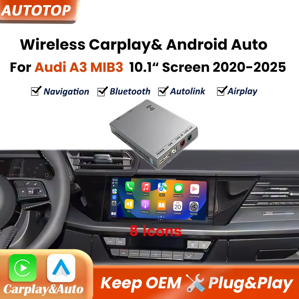 Decoder Wireless CarPlay Android Auto Mirror Link per Audi A3 MIB3 2021-2025 con Schermo da 10.1 Pollici, Modulo Interfaccia BT GPS AUX