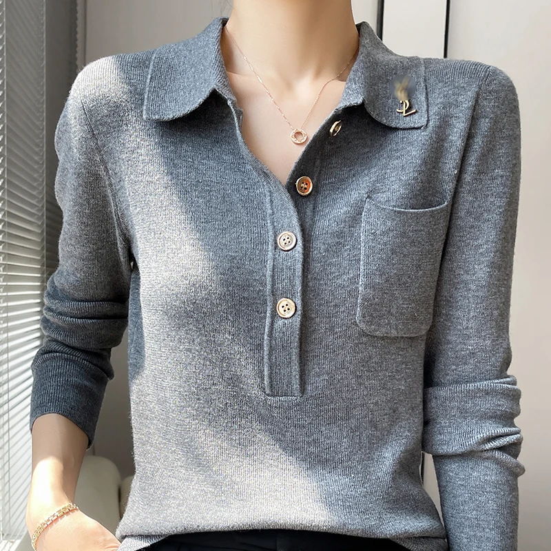 Women 100% Pure Merino Wool Soft Sweater Polo Collar Pullover Autumn Winter Casual Knit Tops Solid Color Regular Female Knitwear