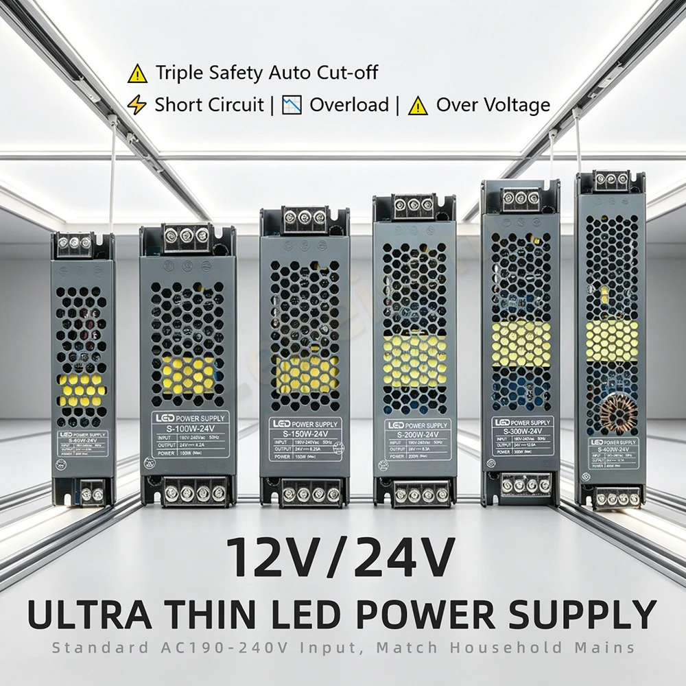 Ultraflaches LED-Netzteil AC190-240V DC12V 24V 60W-400W Transformator mit Sicherheitsschutz für LED-Streifen, Leuchtkästen und Schrankbeleuchtung