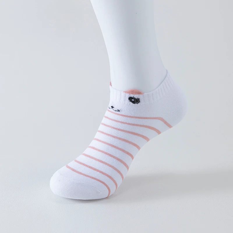 5 Pairs of WOMEN'S Short Socks, Pink Cat Thin, Cute Seasonal Boat Socks, Slow Top, Young and Fashionable Ankle Socks