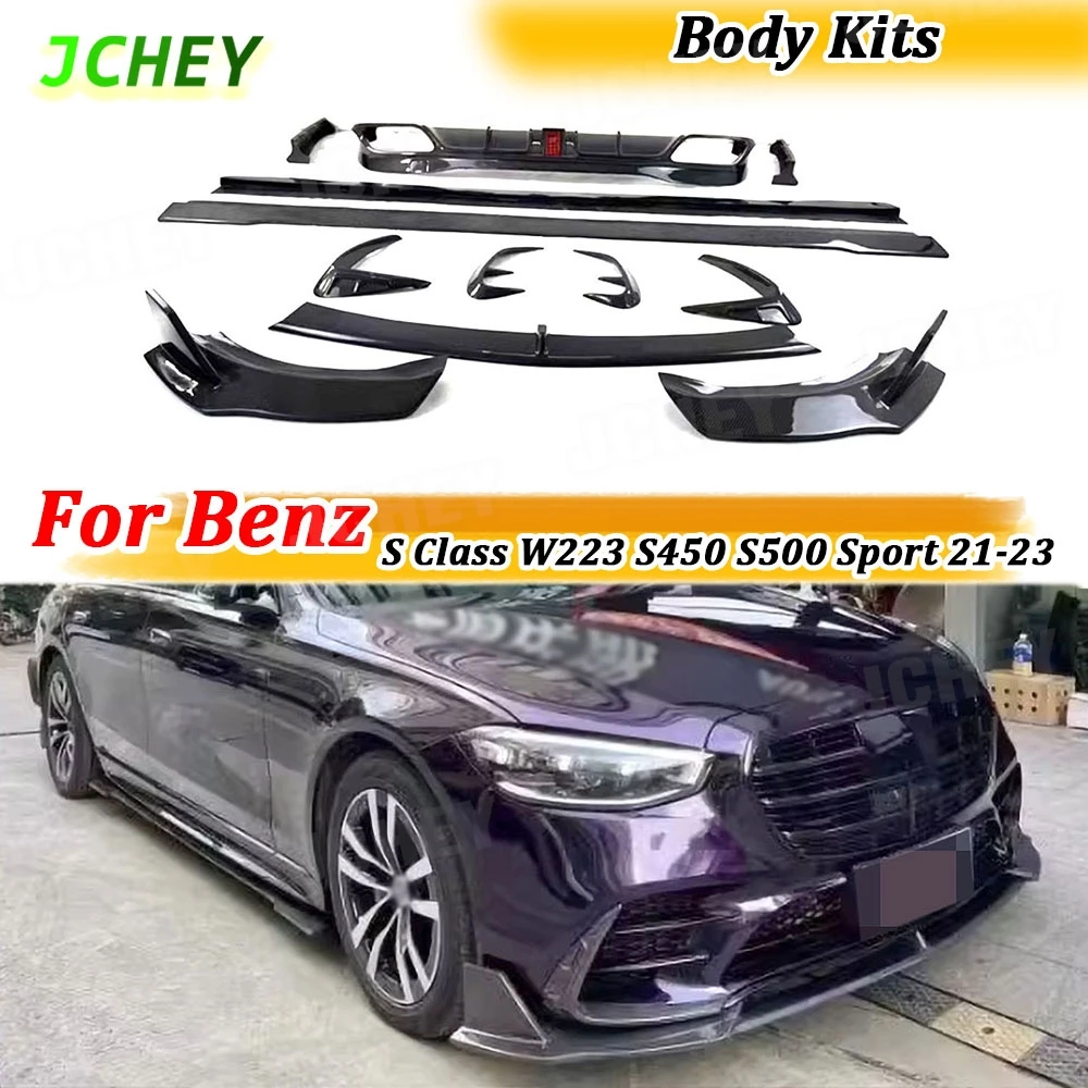 

JCHEY передний и задний диффузор из углеродного волокна, разветвители, боковые юбки для Benz S Class W223 S450 S500 Sport 2021-2023, комплекты кузова FRP