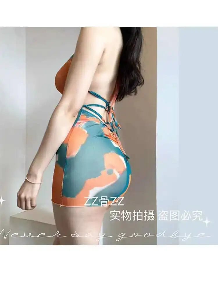 Summer New Sexy Style Pure Desire Feminine Style Hanging Neck Transparent Printed Low Cut Suspender Short Dress Elegant KAI8