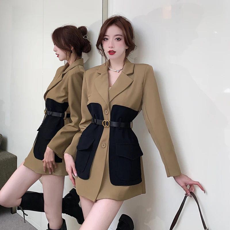 Temperament Suit Blazer Women Fall Winter 2022 New Notched  Belt Waist Long Sleeve Slim Patchwork Elegant Office Suit Jacket