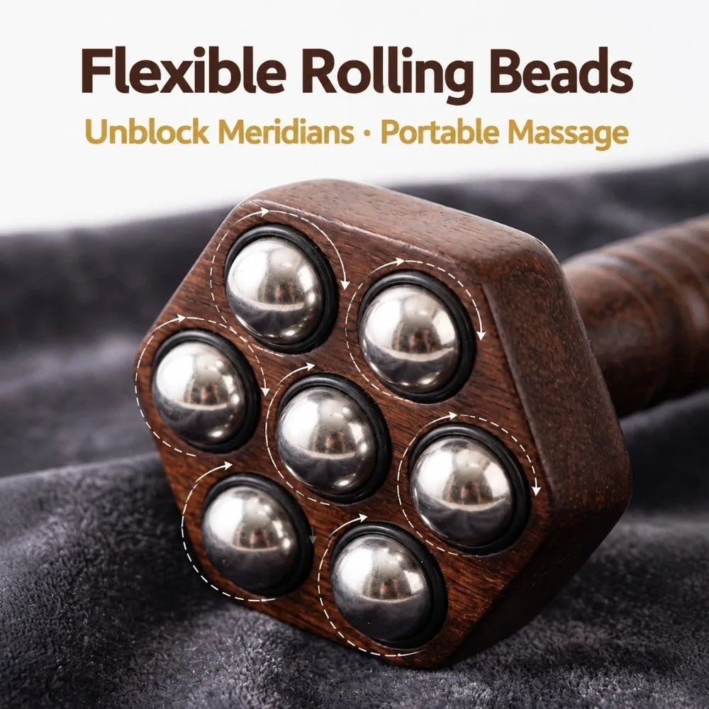 Wood Massage Roller Metal Ball Roller Hand Grip Handle Gua Sha Tool Polished Surface Multi ball Head Muscle Relaxation Tool