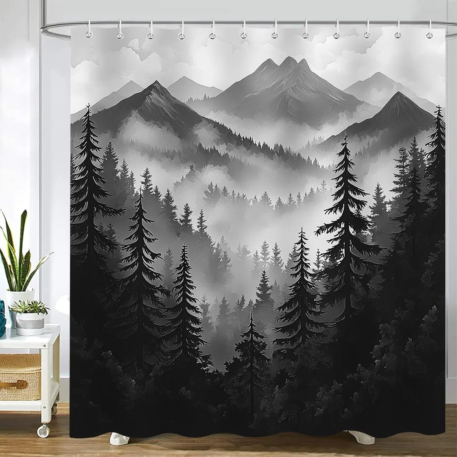 

Занавеска для душа в горах, черно-белая лесная природа, современный серый деревенский лесной сосна, украшение для ванной комнаты, полиэфирная ткань