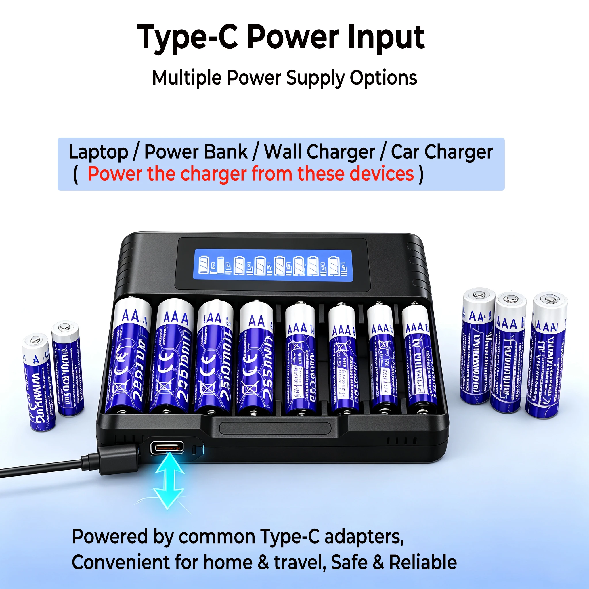 8‑Slot Smart LCD Battery Charger ALL8 Type‑C for AA AAA Ni‑MH Ni‑CD 1.5V 3.7V Li‑ion Safe Auto‑Stop Mixed Independent Charge