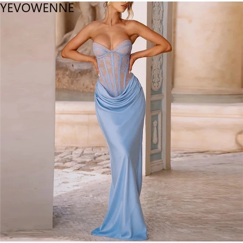 Sexy Lace Corset Prom Dress Patchwork Strapless Long Formal Evening Dresses