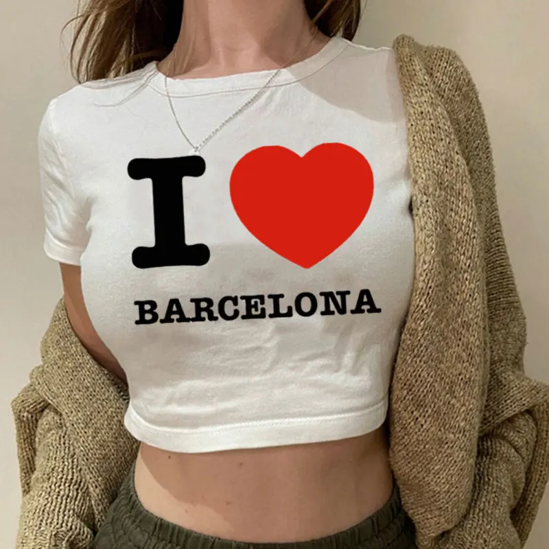 I Love Barcelona Women T Shirt Summer Harajuku Crop Top Sexy Party Clothes O Neck Cropped Navel Women Fashion T-Shirt