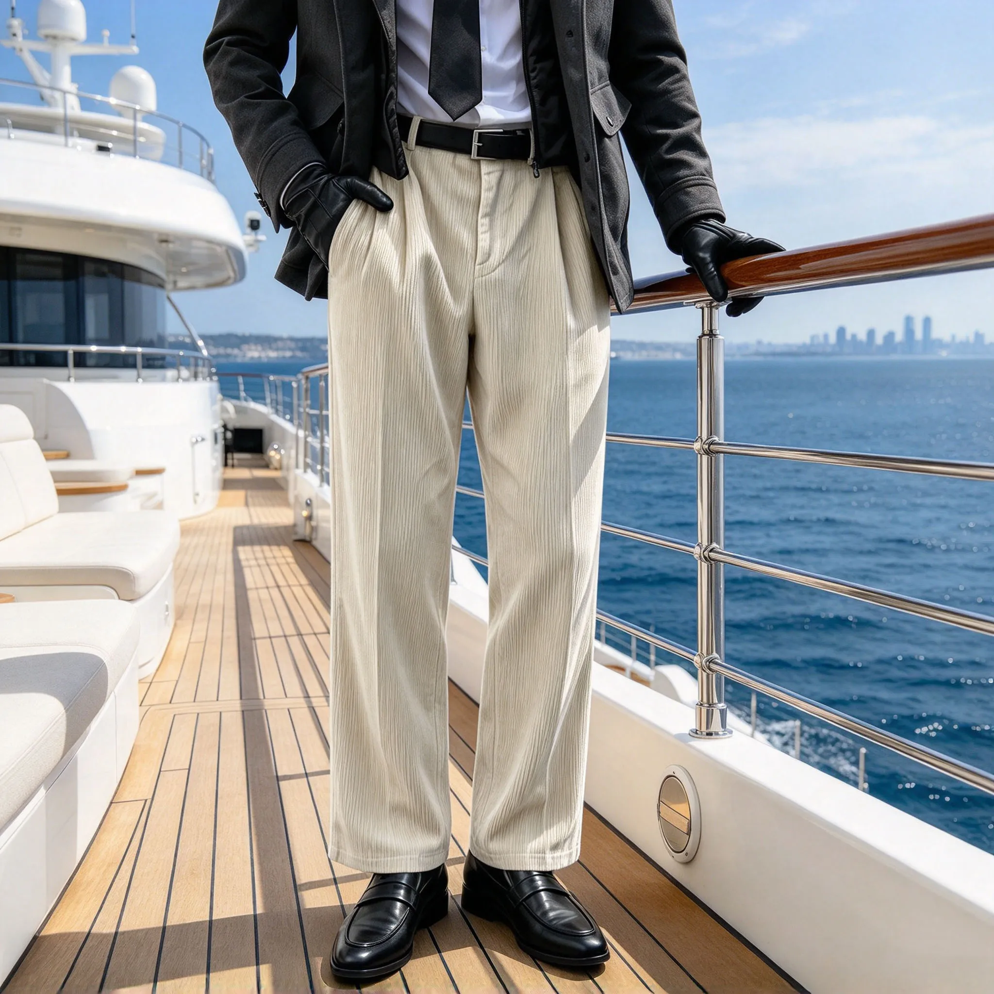 Men's Corduroy Pants Straight Stretch High Waist Pleated Loose Fit Solid Color Formal Wide Leg Trousers Business Casual Streetwe