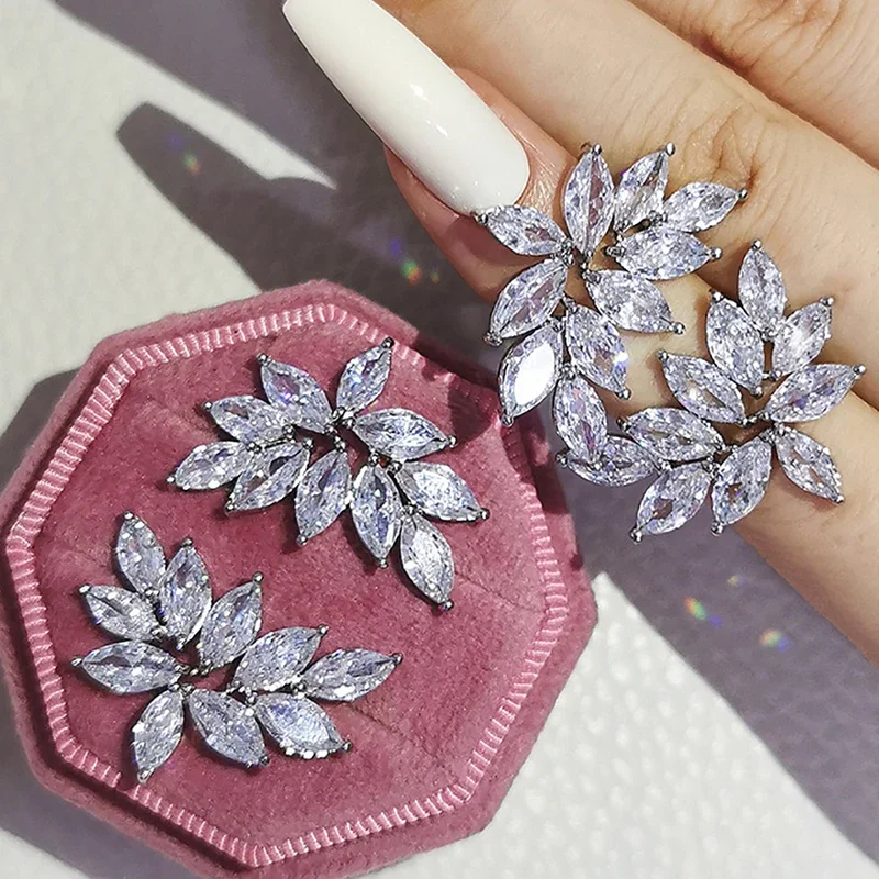 LXOEN Luxury Vintage Women Silver Color Marquise Zircon Stud Earrings for Party Fashion Wedding Studs Jewelry Gifts Joyas Mujer
