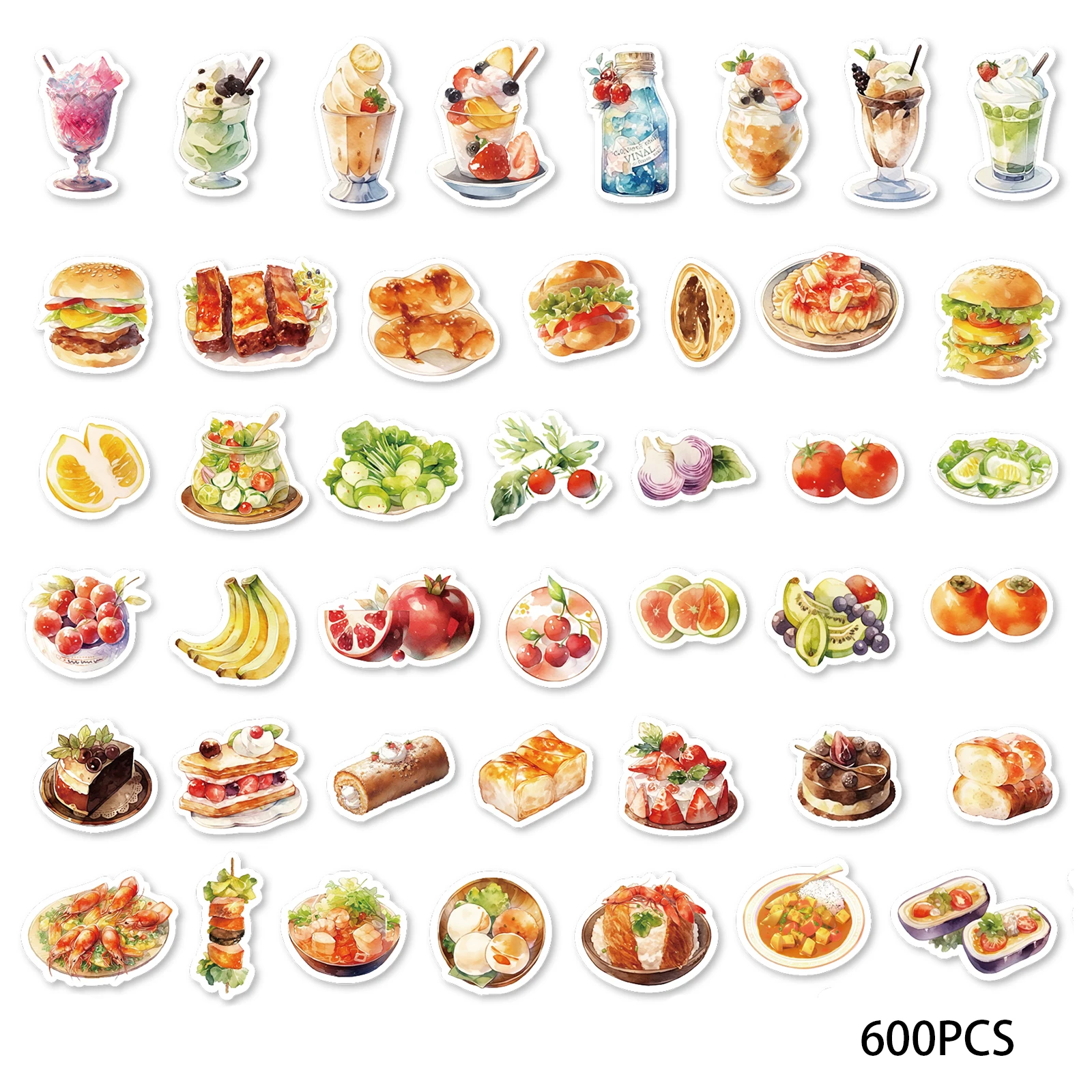 600pcs Milk Tea, Fruit, Gourmet Food Graffiti Stickers Decorated Notebook Water Cup Skateboard Classic Toy Waterproof PVC Decals