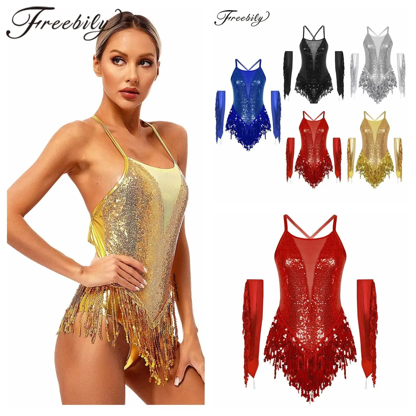 

Femme Dancewear Sequins Tassel Fringed Latin Dance Leotard Metallic Costume Women Chacha Tango Jumpsuit Stage Performance Outfit