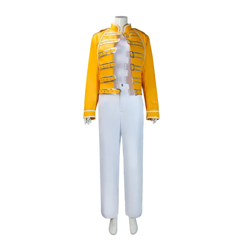 Queen Lead Vocals Freddie Mercury Cosplay Costume Yellow PU Coat Full Set Uniform Man Woman Carnival Masquerade Ball Suit