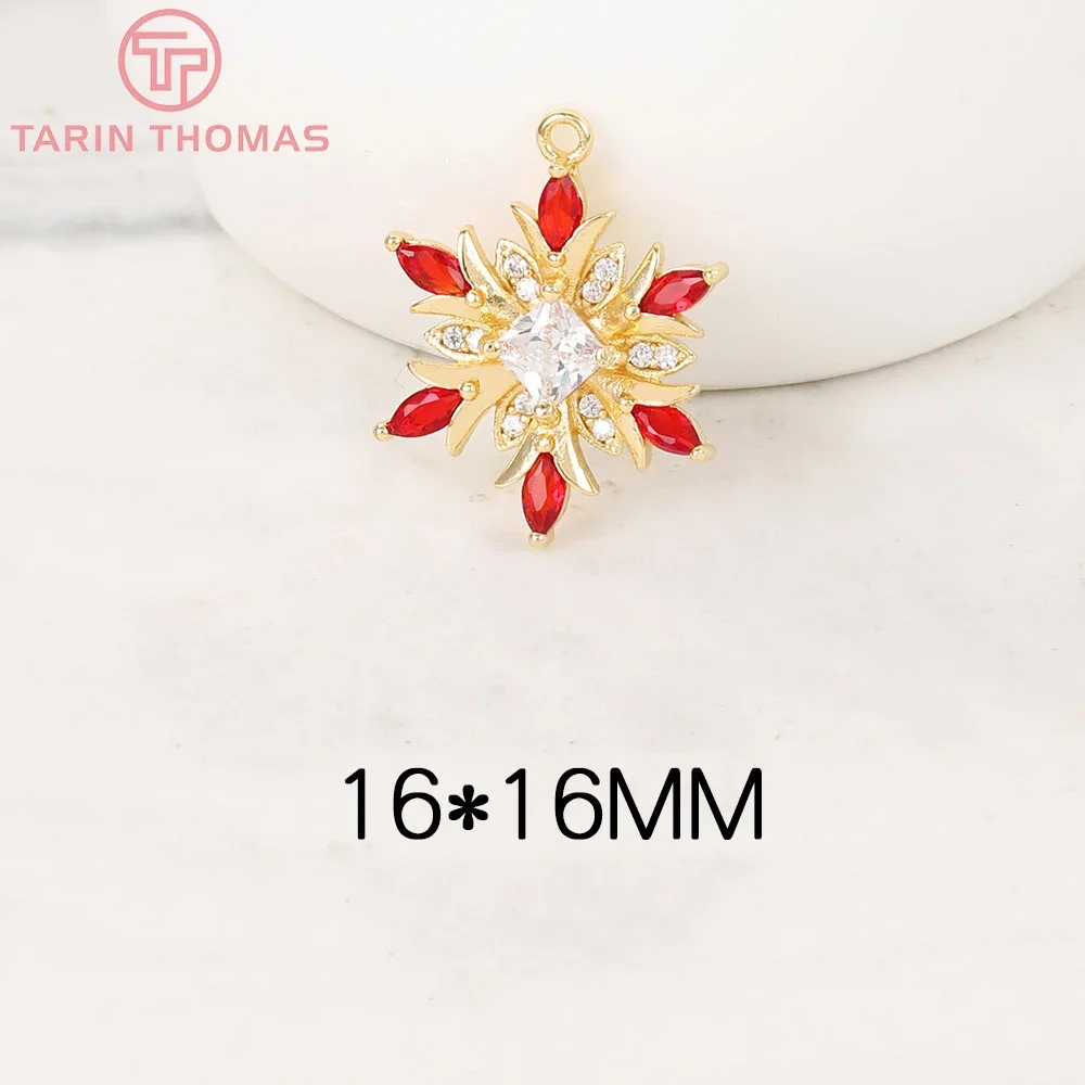 (4443) 2PCS 16x16MM 24K Gold Color Brass with Zircon Snowflake Charms Pendants High Quality Diy Jewelry Findings Accessories