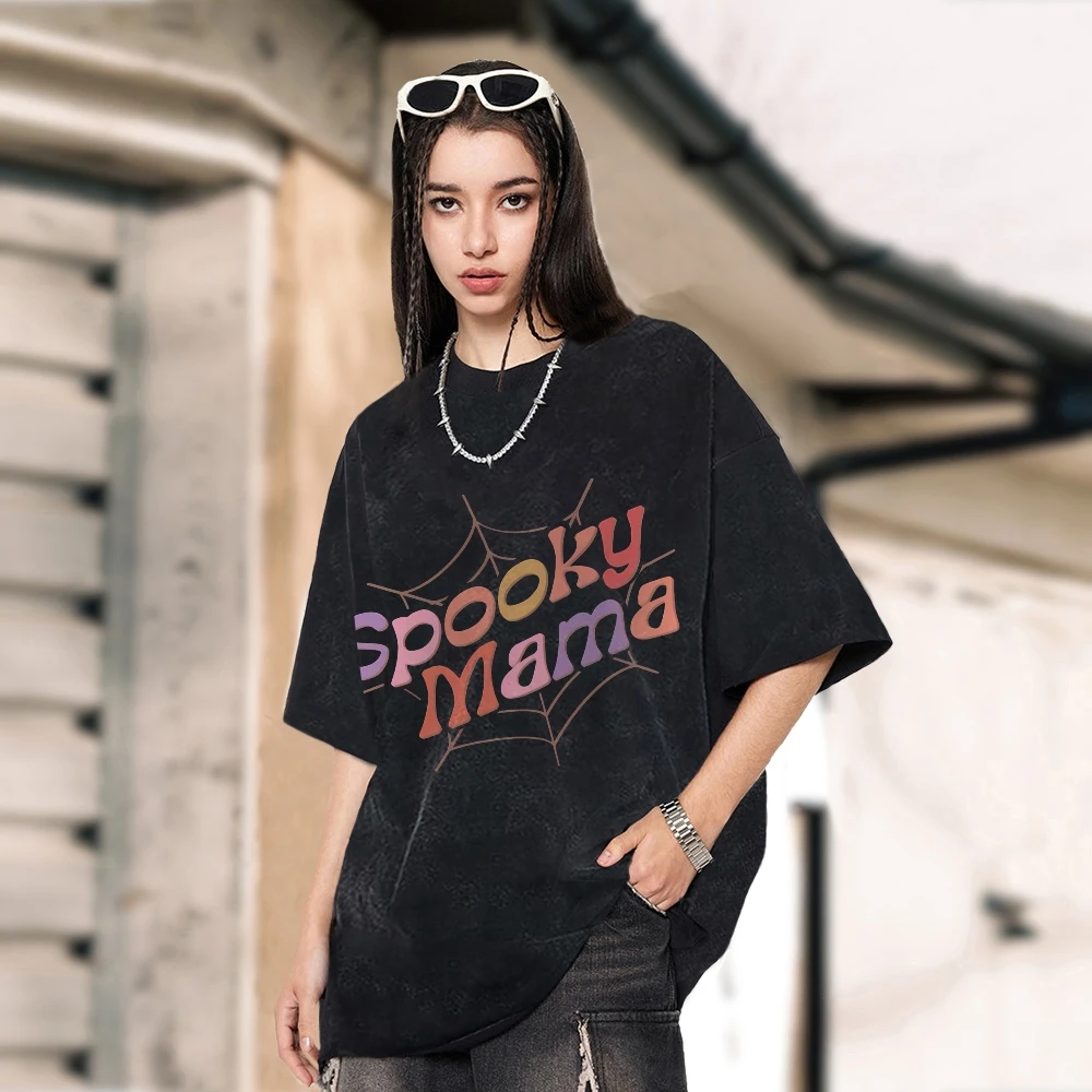 Retro Halloween t-Shirt Spooky Mama Shirts Halloween Mama Tshirt Fall Vibes Women Halloween Top Tee Autumn Women’s y2k Shirt