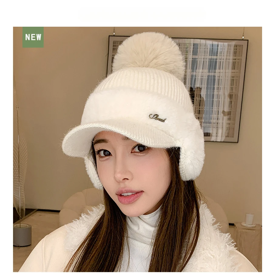 Rabbit Fur Knitted Baseball Cap Women Winter Hats Baseball Autumn Winter Ear Protection CapTo Keep Warm Baseball Hats image 5