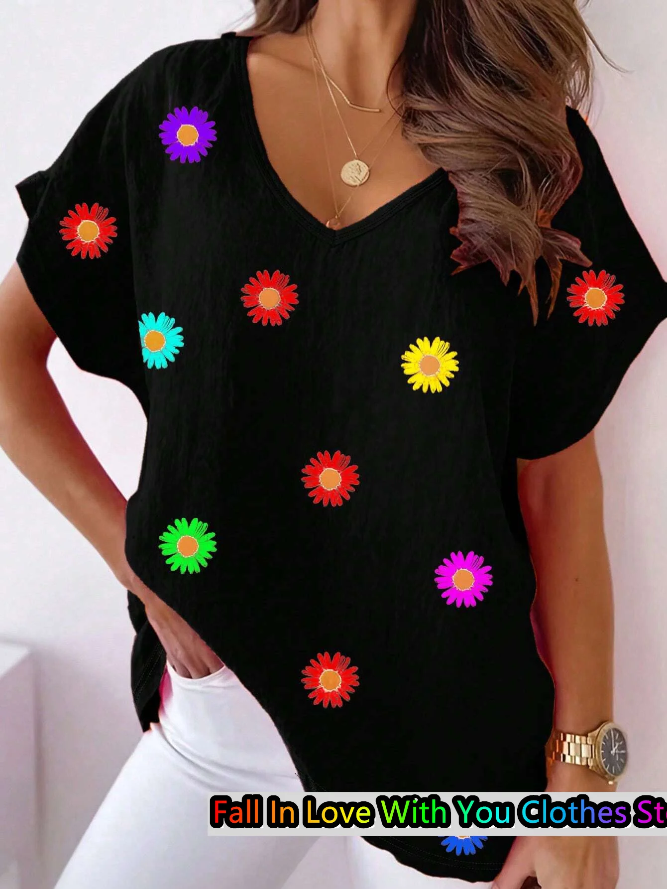 Damen-T-Shirt mit Gänseblümchen-Motiv, lässig, V-Ausschnitt, kurzärmelig, Sommermode, lässig, locker, übergroß, Tops, tägliche Damenbekleidung