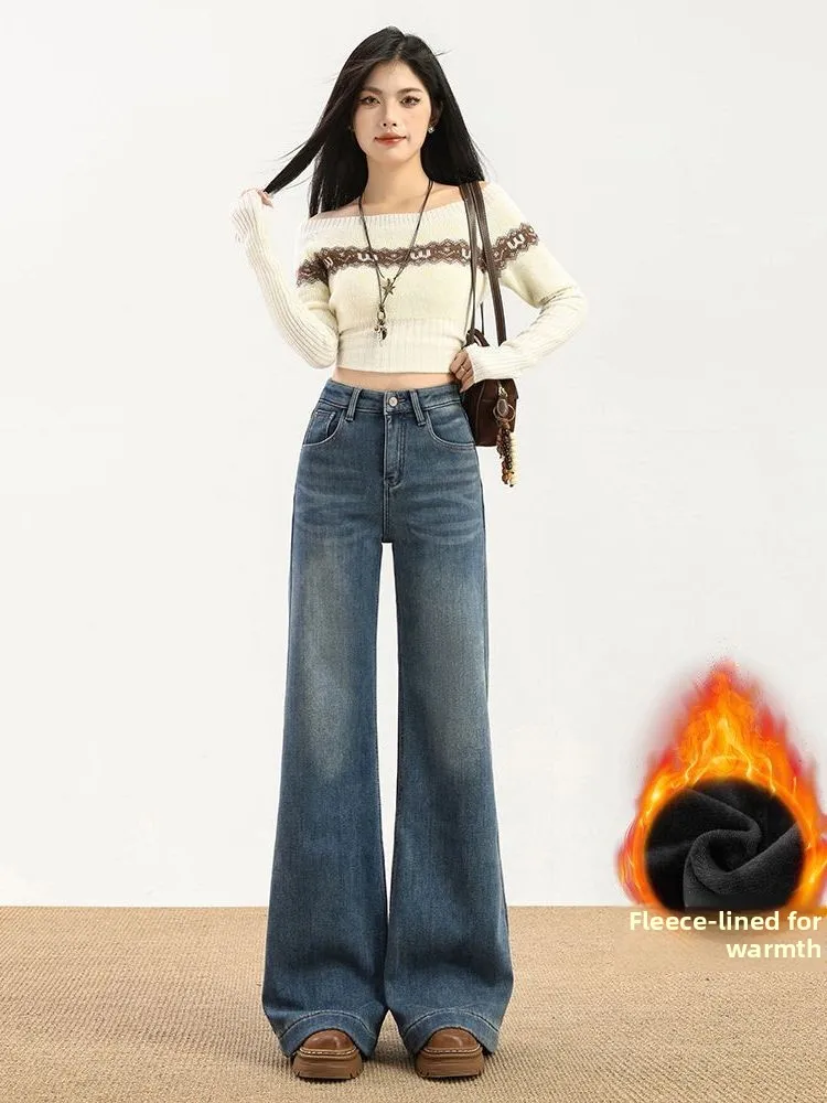 

Womens High Waist Fce Lined Waed Blue Jeans Slimming Bootcut Pants Comfortable Warm Casual Vintage Sle Denim Trousers