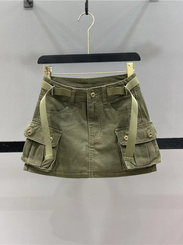 Pure Color Multi Pocket Short Skirt for Women Skin-friendly Breathable A-Line Polyester Blend Summer Fashion Ladies Skirt