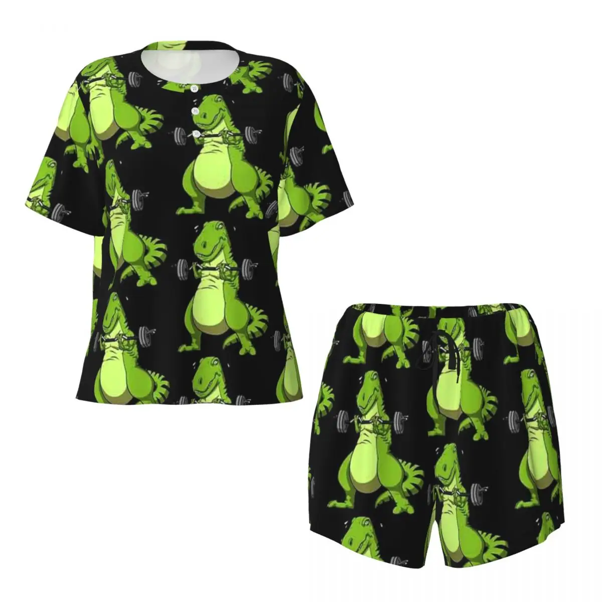T-Rex Dinosaur Fitness Round Neck Short Sleeve Nightgowns for Sleeping Sleepshirts Women Loose Pajama Set Short Pants