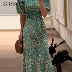 Green Fashion Glitter Sequin Shiny Party Dress Women Sexy O Neck Slim Fit Long Dress 2025 Spring Summer Puff Sleeve Boho Dresses