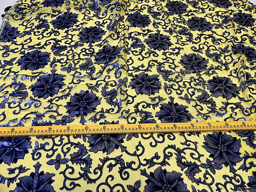 New Real Silk Gold Velvet Fashion Designer Cloth Yellow Background Blue Purple Gray Contrast Color Flower Hollow Fabric Diy