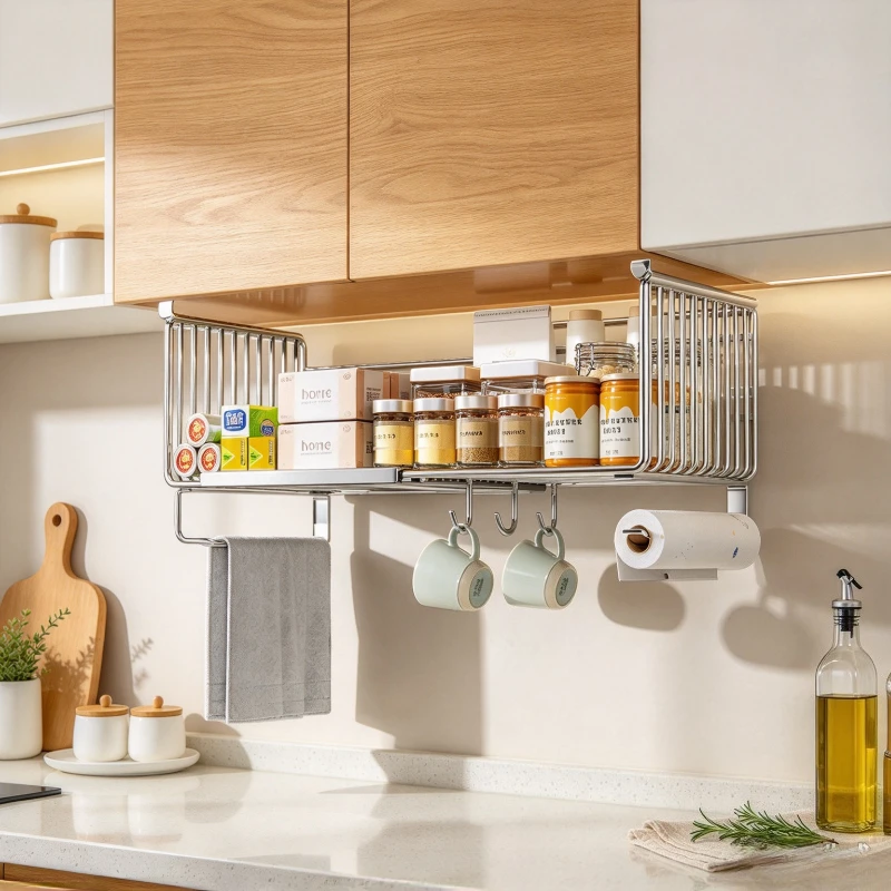 Expandable Under Cabinet Basket Stainless Steel Hanging Shelf Adjustable Length with Full Accessories for Kitchen Spice Storage
