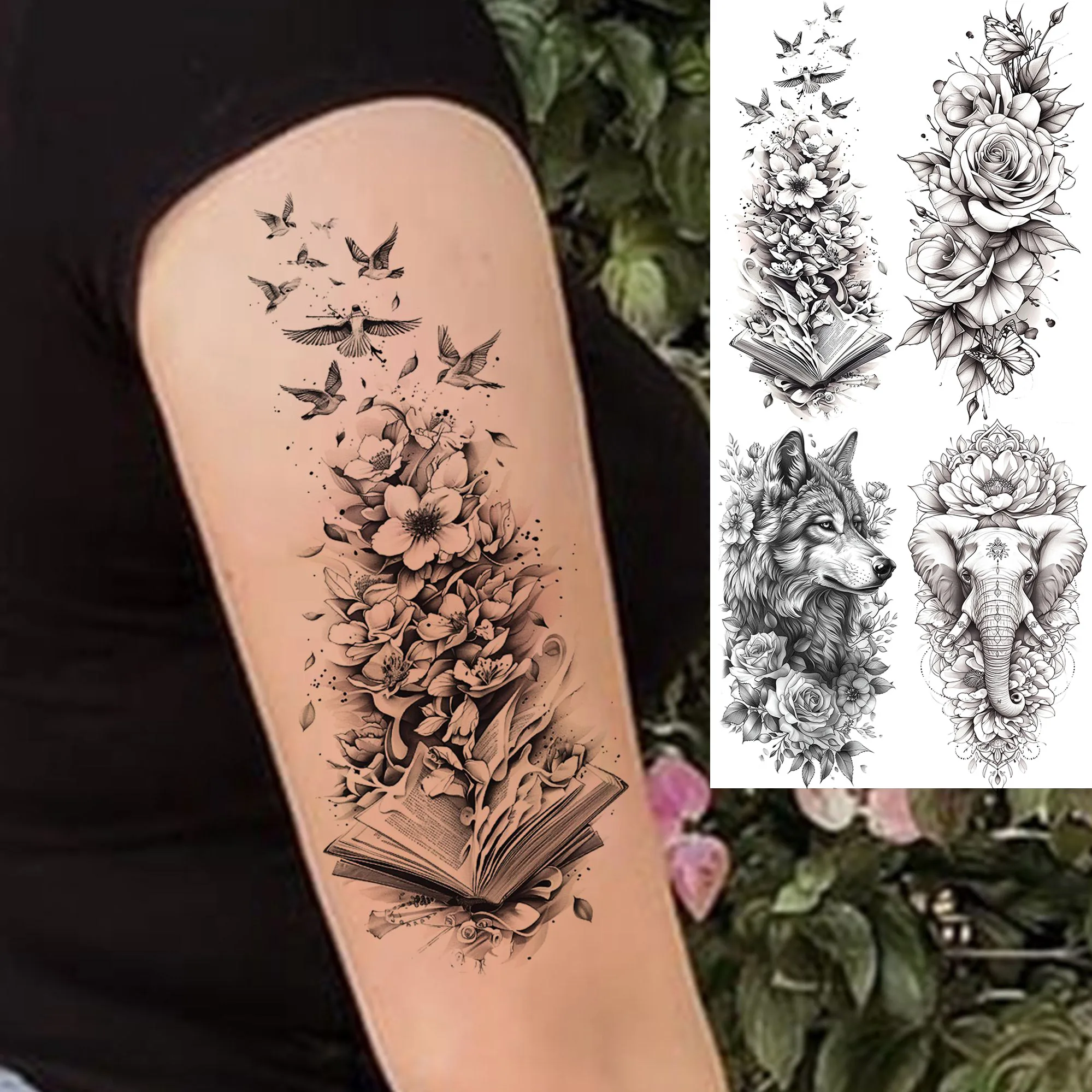 1 Sheet Flying Birds Flowers Book Temporary Tattoos For Women Waterproof Realistic Floral Animals Fake Tattoo Sticker Last Long