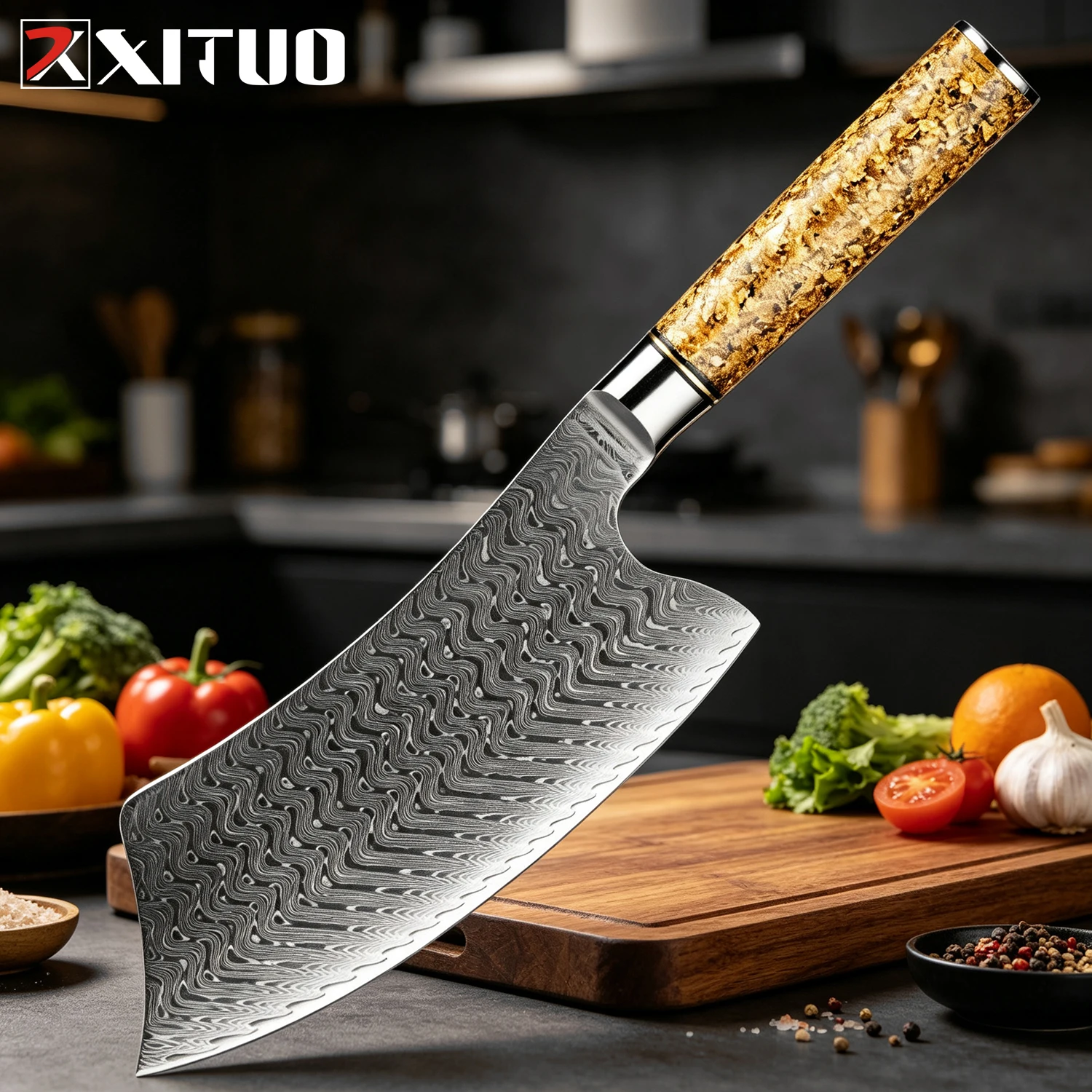 

XITUO 7 Inch Kitchen Knife Damascus Steel Sharp, Chinese Cleaver Knife for Slicing Meat, Vegetables, Resin and Gold Leaf Handle