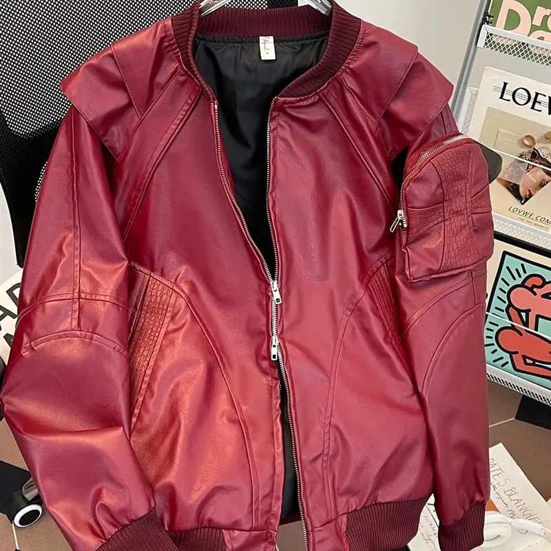 

Casual PU Leather Jaet Men's Baseball Collar American Motorcycle Sle Retro Cool Brand Design ort Length Warmth Retention