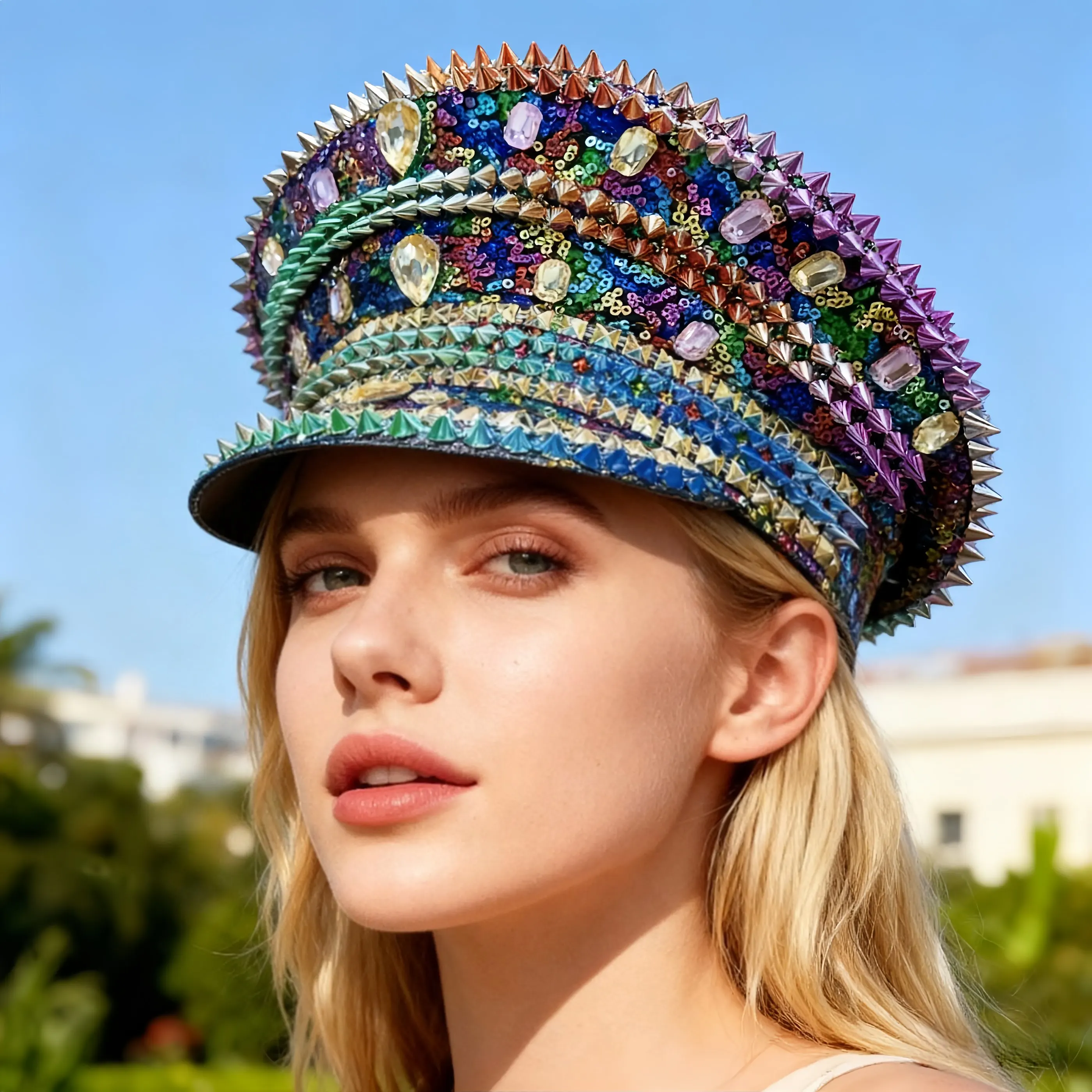 

HongLuan Colourful Disco Music Festival Captain Hat Rhinestone for Carnival, Rave Festivals Accessories & Party Hat Woman