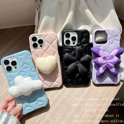 Cute 3D Marshmallow Cloud Butterfly Heart Cotton Flower Phone Case For iPhone 15 14 13 11 12 Pro Max Embossed PU Leather Cover