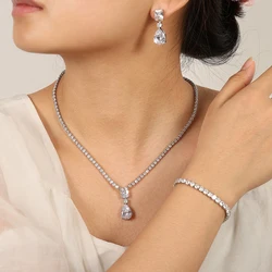 ZAKOL Luxury White Gold Color Tennis Choker Necklace Earrings Sets for Women Shinny Green Water Drop Zircon Wedding Jewelry