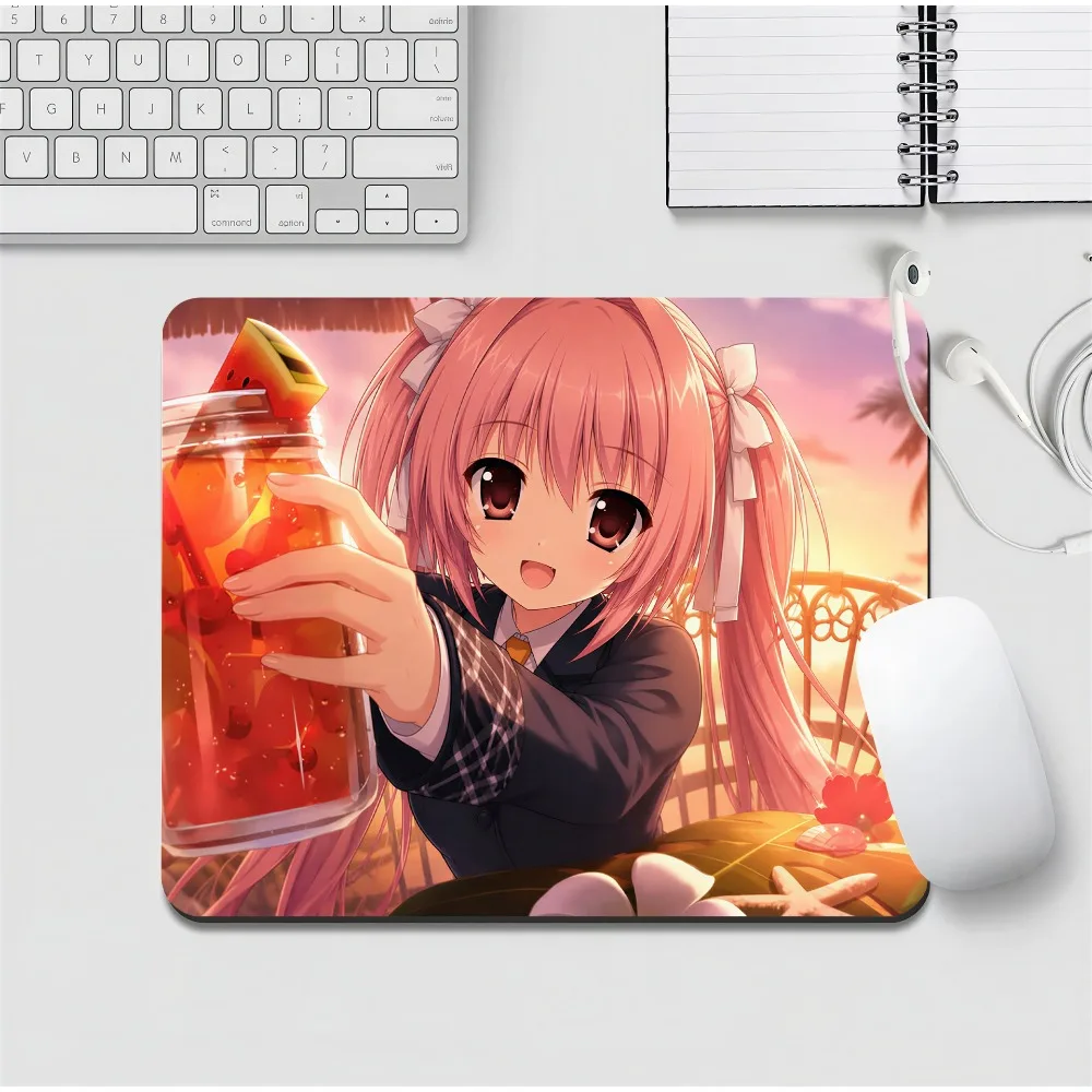 Cute Gaming Mouse Pad,Small Square Desk Mat,Anti-slip Rubber Base,Stitched Edges,Pink Twin Tail Summer Drink Anime Girl Pad