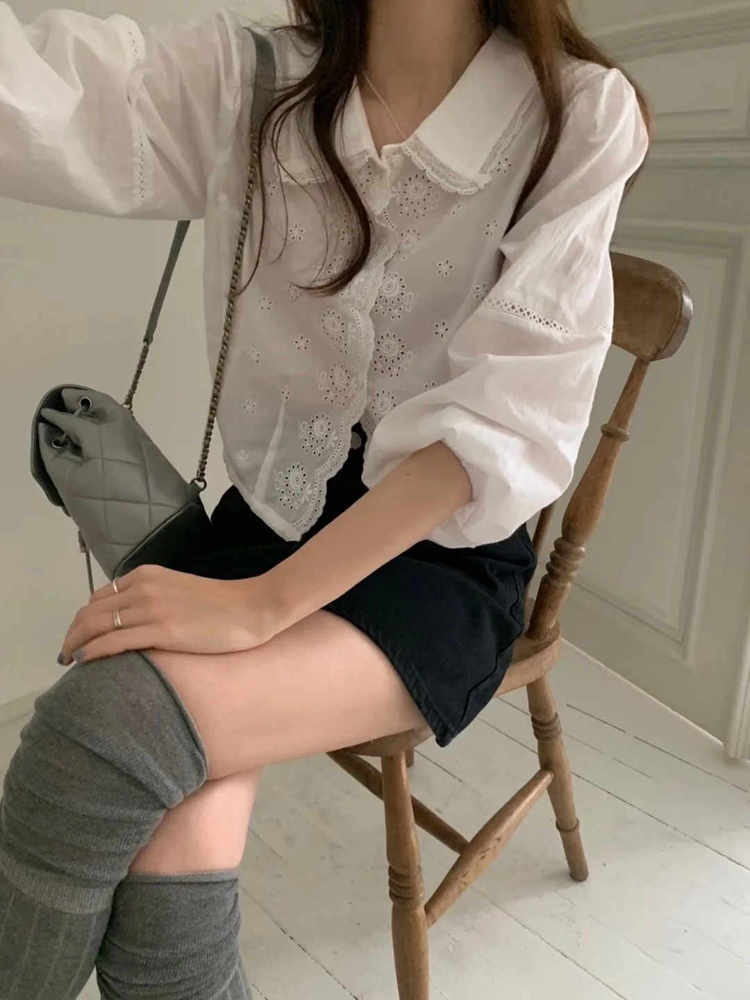 

Lace Trimmed Loose Fit Floral Embroidery ort Sve Women's irt Korean Sle Breathable Cotton Polyester Doll Collar Top