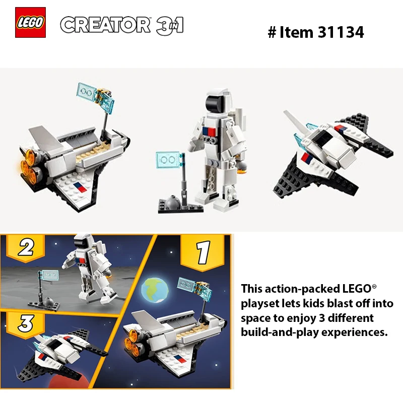 LEGO 31134 Creator 3 in 1 Space Shuttle Building Toy for Kids, Creative Gift Idea for Boys and Girls Ages 6 and Up