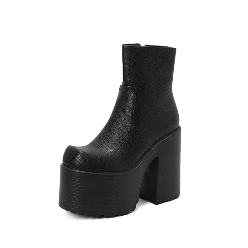 BLXQPYT Ankle Boots Women Fashion Square Toe Side Zipper Thick Heels Autumn Winter Party Ladies Platform Booties 3201