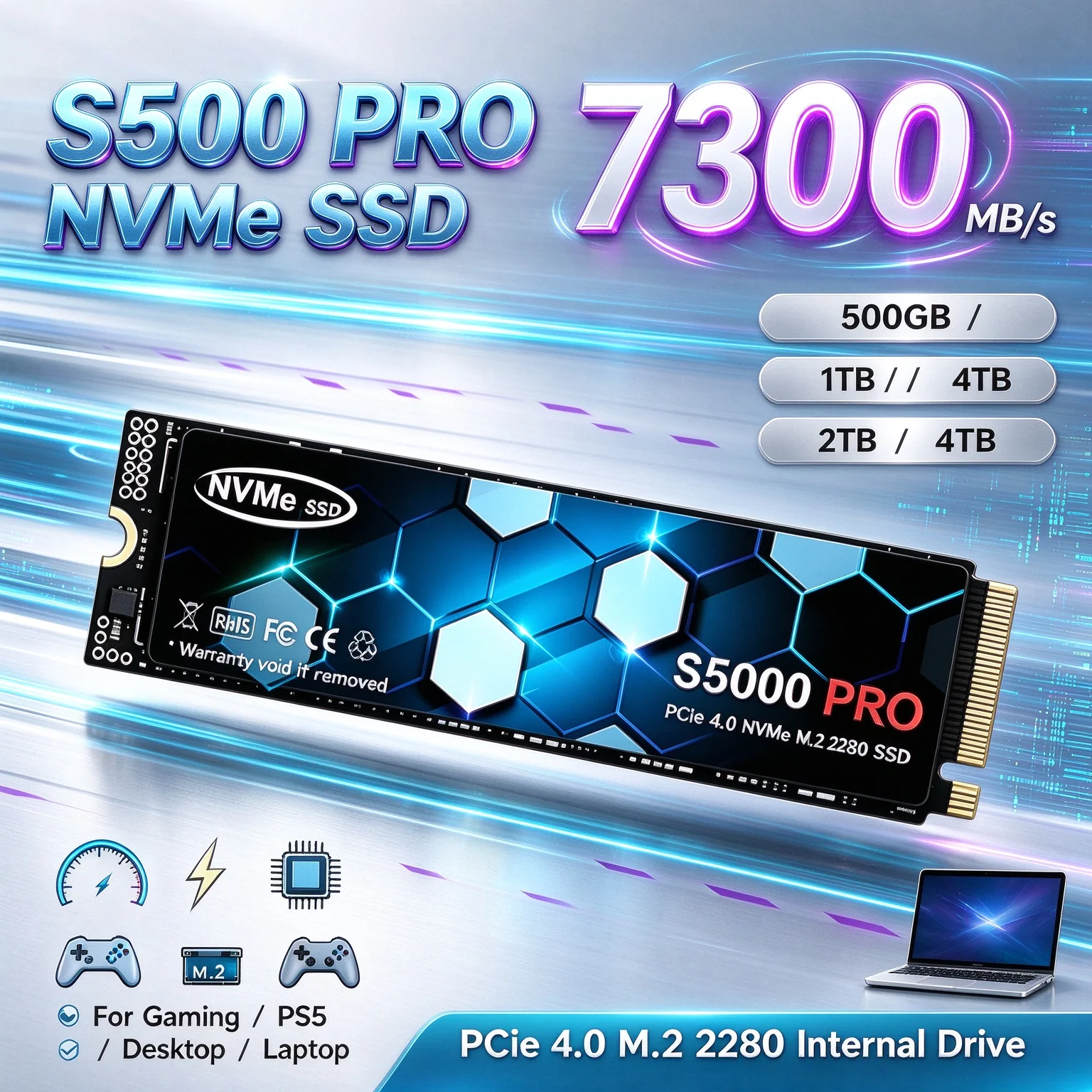PCIe4 M.2 2280 Unleash The Speed S5000 PRO NVMe SSD 7300MB/s 1TB 2TB 4TB Internal Drive PS5 Desktop Laptop, Built to Last