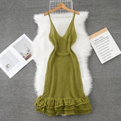 YuooMuoo Chic Fashion Sexy Transparent Ruffles Knitted Summer Dress Women Spaghetti Straps A-line Party Dress Beach Vestidos