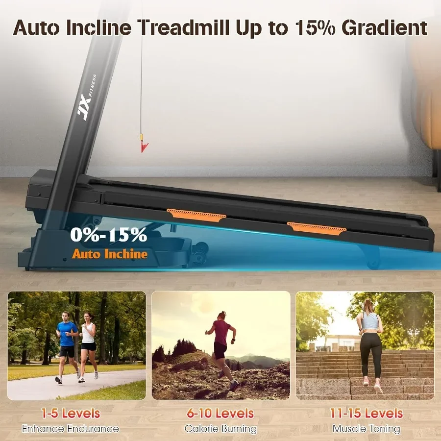 Home treadmill with folding design, steel frame, black color, 15 auto incline and app connectivity for walking or running