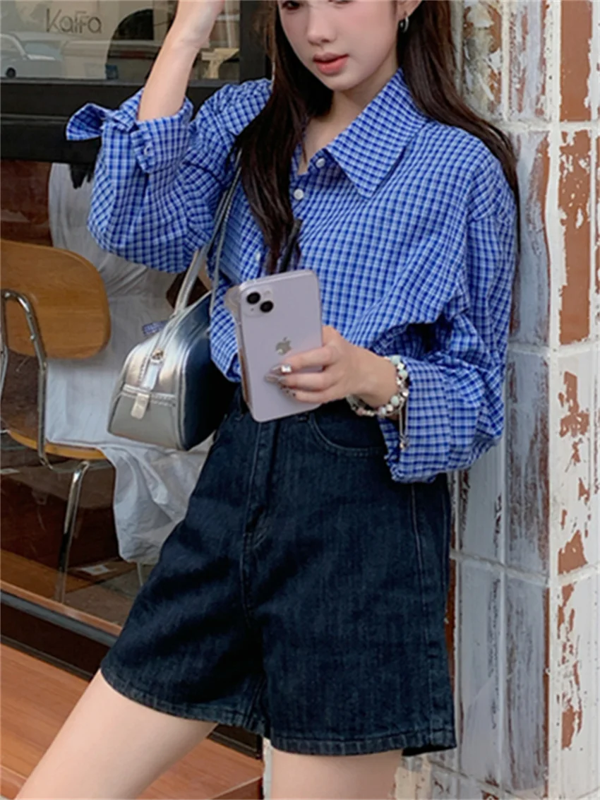 Alien Kitty 2024 Blue Shirts Plaid Chic Women Fashion Slim New Autumn Loose Full Sleeve Casual All Match High Street Work Wear