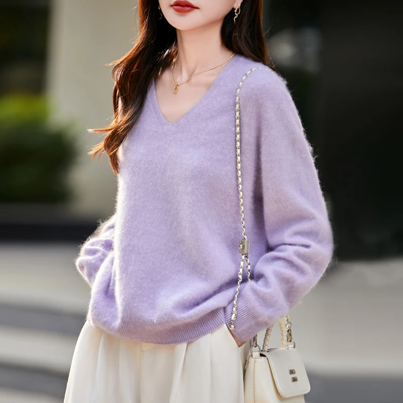 

100% wool women's pullover, V-neck, brushed, fashionable, Maillard color, 2025 new style