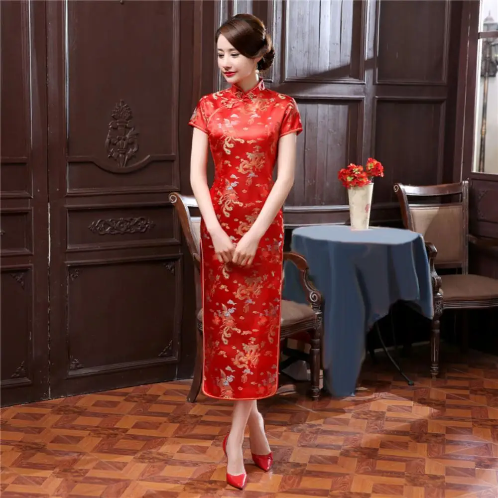 hinese Qipao Cheongsam Dragon Phoenix Print Chinese Traditional Dress Cheongsam Side Slitting Hem Midi Dress Women Cheongsam